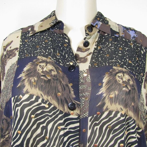 VTG SILK Safari BOHO M Africa Animal Print Button Front Novelty Top Retro Brown - Picture 2 of 10